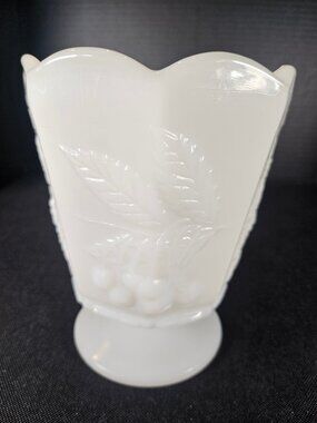 NAPCO # 1186 White Milk Glass Footed Vase Planter Embossed Grapes & Cherries